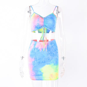 Hugcitar spaghetti straps tie dye print sexy camis skirt two 2 piece set 2019 summer women fashion party club holiday tracksuit