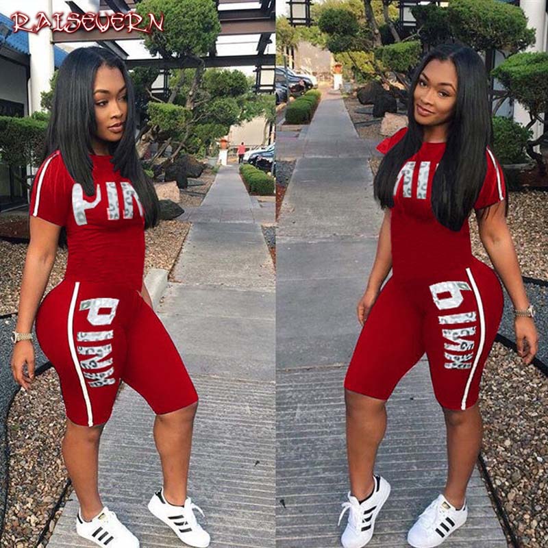 RAISEVERN PINK Letter Print 2 Piece Set Women Summer Two Piece Tracksuit Short Sleeve Top and Knee Length Shorts Casual Outfit