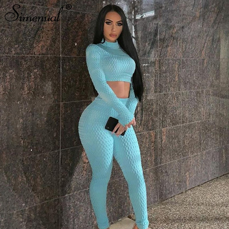 Simenual Fitness Sportswear Push Up Two Piece Sets Women Fashion Casual Workout Skinny Tracksuits Long Sleeve Top And Pants Set