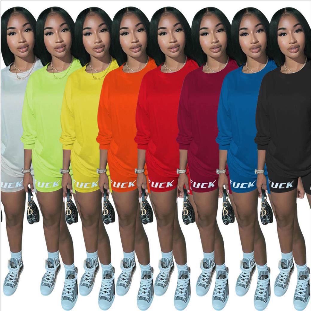 New Letter Print Two Piece Outfits Set Women Tracksuit 2020 Summer Long Sleeve T Shirt Sexy Tops Biker Shorts Jogger suits sets