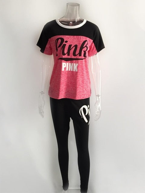 Casual PINK Printing Women 2pcs Outfit Short Sleeve T-Shirts And Long Skinny Pants Suits Fitness Plus Size XXXL Summer Tracksuit