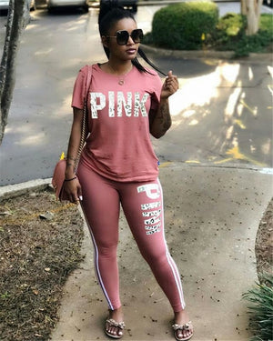 Casual PINK Printing Women 2pcs Outfit Short Sleeve T-Shirts And Long Skinny Pants Suits Fitness Plus Size XXXL Summer Tracksuit