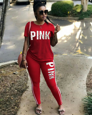 Casual PINK Printing Women 2pcs Outfit Short Sleeve T-Shirts And Long Skinny Pants Suits Fitness Plus Size XXXL Summer Tracksuit