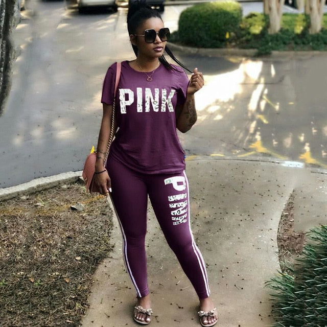 Casual PINK Printing Women 2pcs Outfit Short Sleeve T-Shirts And Long Skinny Pants Suits Fitness Plus Size XXXL Summer Tracksuit