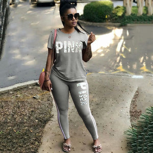 Casual PINK Printing Women 2pcs Outfit Short Sleeve T-Shirts And Long Skinny Pants Suits Fitness Plus Size XXXL Summer Tracksuit