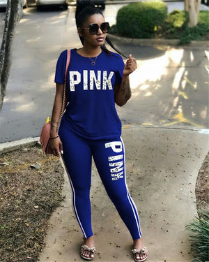 Casual PINK Printing Women 2pcs Outfit Short Sleeve T-Shirts And Long Skinny Pants Suits Fitness Plus Size XXXL Summer Tracksuit