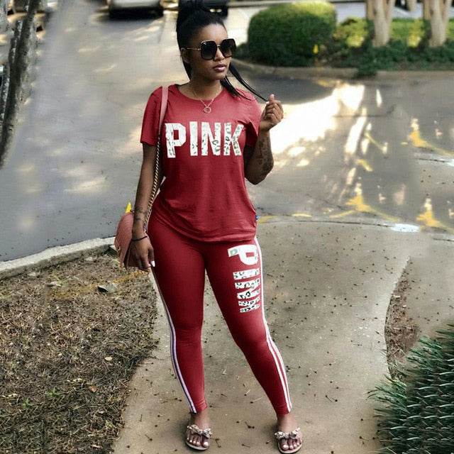 Casual PINK Printing Women 2pcs Outfit Short Sleeve T-Shirts And Long Skinny Pants Suits Fitness Plus Size XXXL Summer Tracksuit