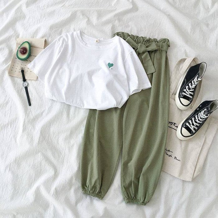 Summer New Famale Tracksuits Fashion CLothes Casual Loose White Top and Pant 2 Piece Sets Women Students Girl Sweet Sportswear