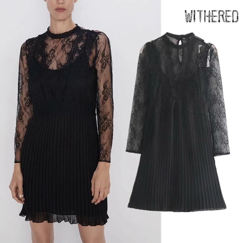 Withered autumn dress women england urban sexy Lace stitching lining vestidos vestidos de fiesta de noche pleated dress blazer