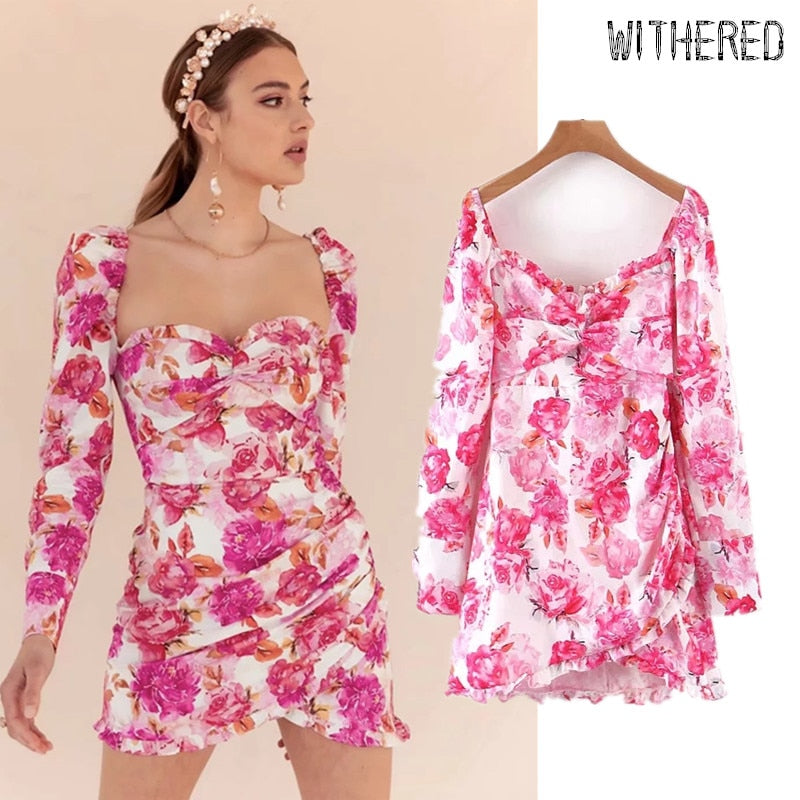 Withered fashion blogger vintage floral printing square collar party dress women vestidos de fiesta de noche vestidos blazer