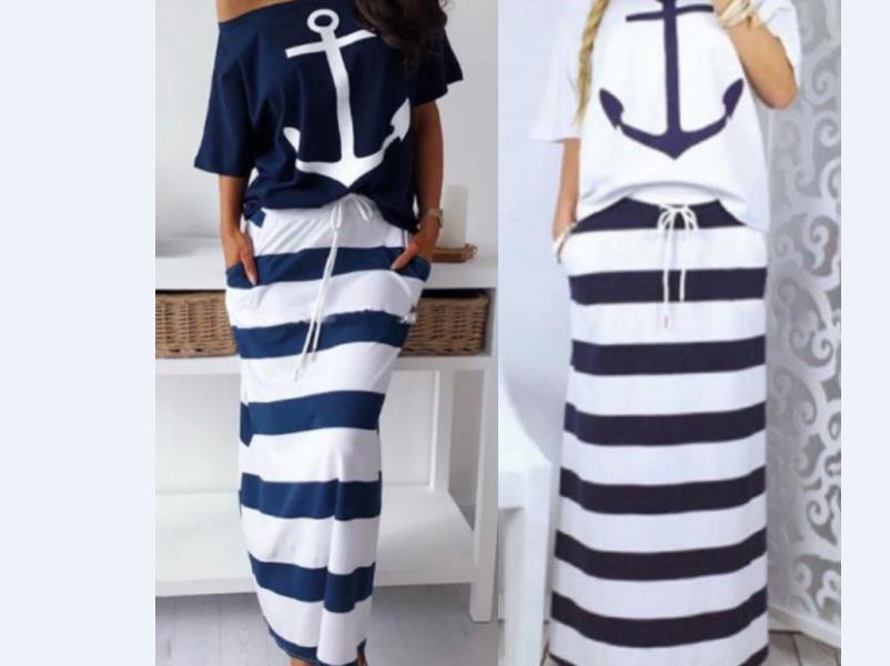 Hot sale casual 2 piece skirt suit women slash neck half sleeve top and striped long skirt casual outfit