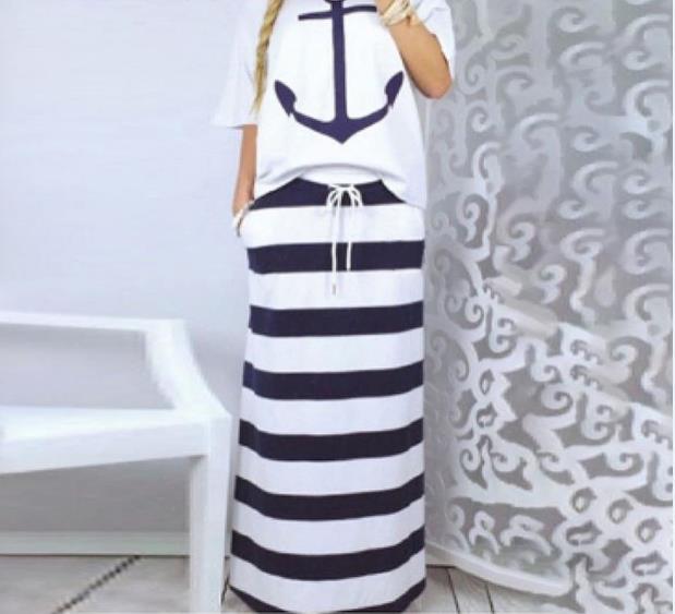 Hot sale casual 2 piece skirt suit women slash neck half sleeve top and striped long skirt casual outfit