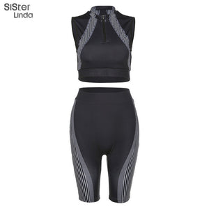 Sisterlinda 2020 Active Wear Woman Tracksuits 2 Pices Female Set Zipper Top Bra shorts Sportswear Striped Sports Suit Mujer Suit
