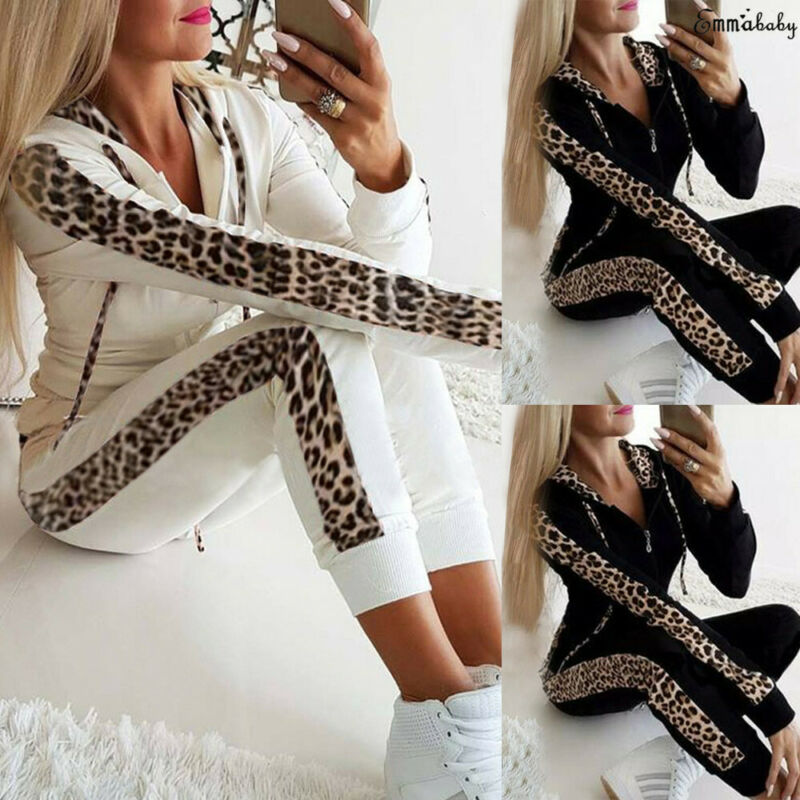 2Pcs Women Hoodies Sports Long Sleeve Patchwork Casual Tops Pants Tracksuit Sweatshirt Sweat Suit Jogging