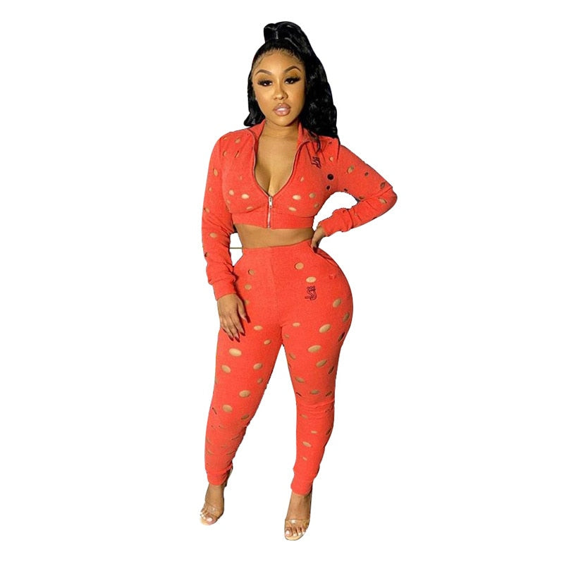 Women Casual Hallow Out Holes Design Tracksuits Long Sleeve Zipper Front Crop Tops & High Waist Skinny Pants Two Pieces Set