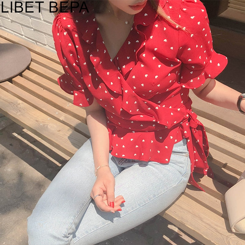 New 2020 Summer Women Blouse V-Neck Casual Fashionable Chiffon Shirt Lace Up Bow Lantern Sleeve Heart Ruffles Short Tops BL1988