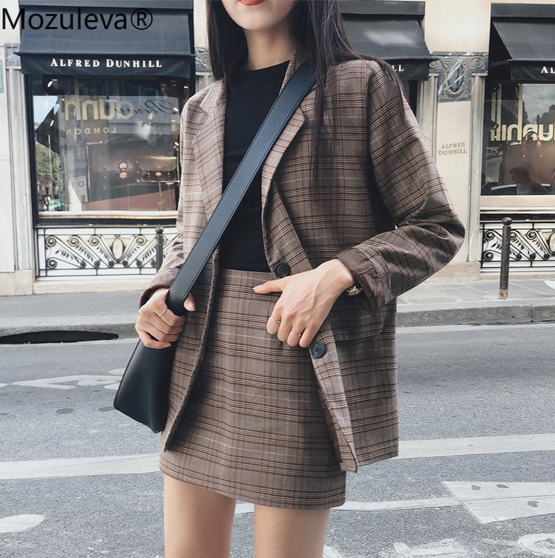 Mozuleva 2020 Retro Plaid Blazer Set Single-breasted Jacket & Pencil Skirt 2 Pieces Skirt Suit Female Office Ladies Blazer Suit