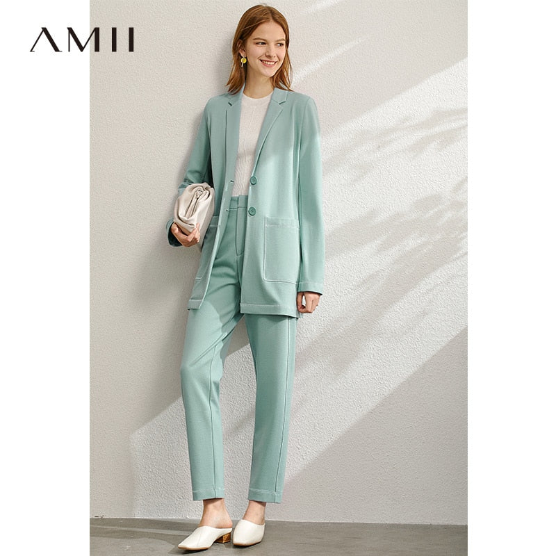 Amii Minimalist Spring Office Lady Two Pieces Set Women Fashion Lapel Solid Blazer High Waist Pants Female Suit Set 12060901