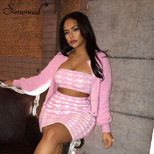 Simenual Houndstooth Sexy Bodycon Women Matching Sets 2020 Summer Party Club Two Piece Outfits Skinny Tube Top And Skirt Set New