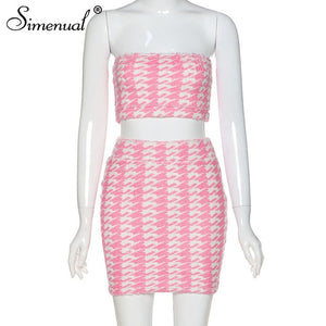 Simenual Houndstooth Sexy Bodycon Women Matching Sets 2020 Summer Party Club Two Piece Outfits Skinny Tube Top And Skirt Set New