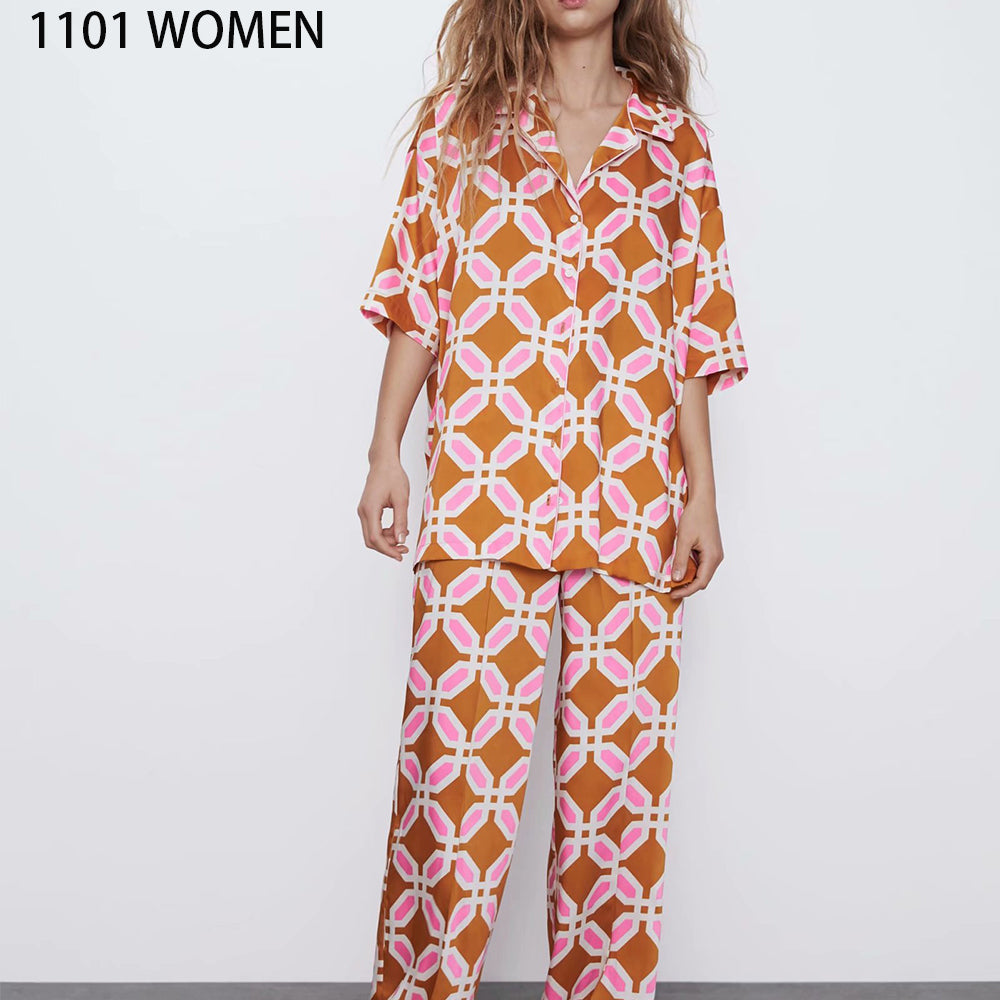 2020 NEW Summer Women 2 pieces Set orange print short Sleeve shirt blouse long pant Suit female casual woman clothes