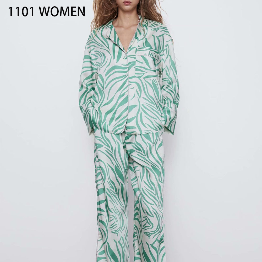 2020 NEW Summer Spring Women 2 pieces Set white green printed full Sleeve blouse long pants Suit female casual woman clothes