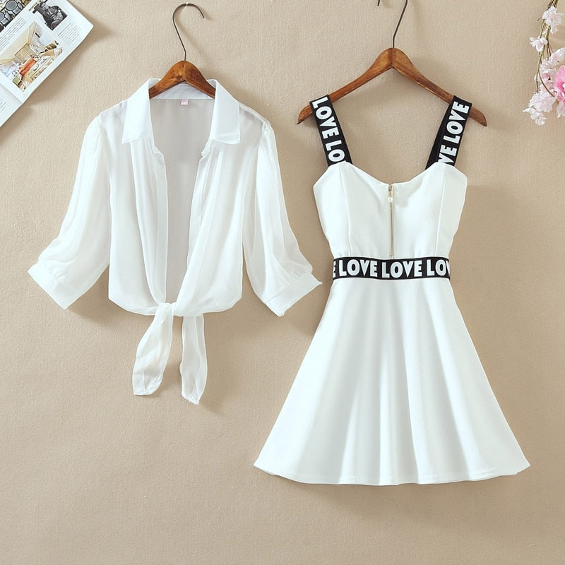 Fashion Women Lantern Sleeve Turn Down Chiffon Shirt Top + Mini Short A Line Letter Spaghetti Strap Dress New Two Pieces Sets