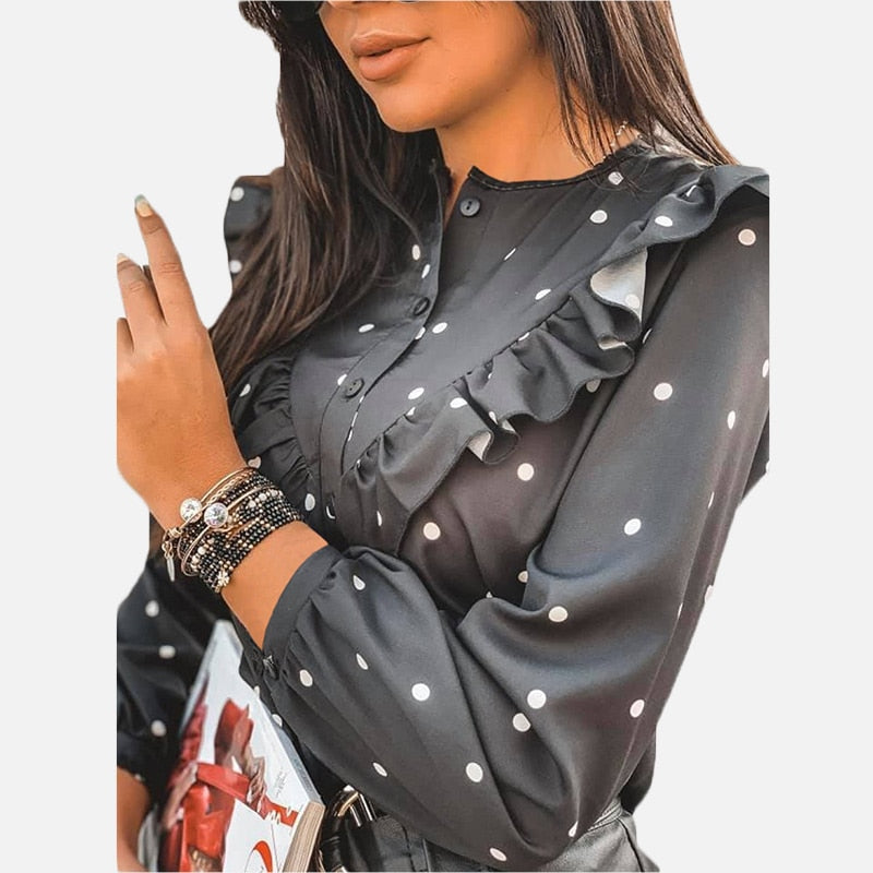 2020 Ruffle Polka Dot Print Women's Blouse O-neck Buttons Long Sleeve Blouses Female Spring Summer Casual Shirt Lady Clothes