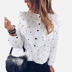2020 Ruffle Polka Dot Print Women's Blouse O-neck Buttons Long Sleeve Blouses Female Spring Summer Casual Shirt Lady Clothes