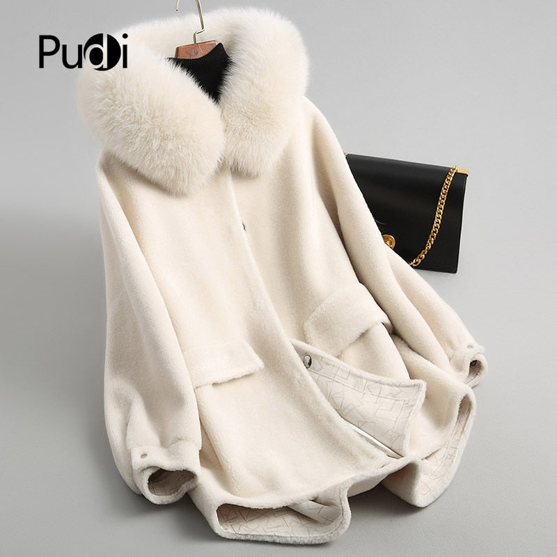 PUDI  women's winter warm genuine wool fur with real fox collar coat lady coat jacket over size parka Plus size A18053