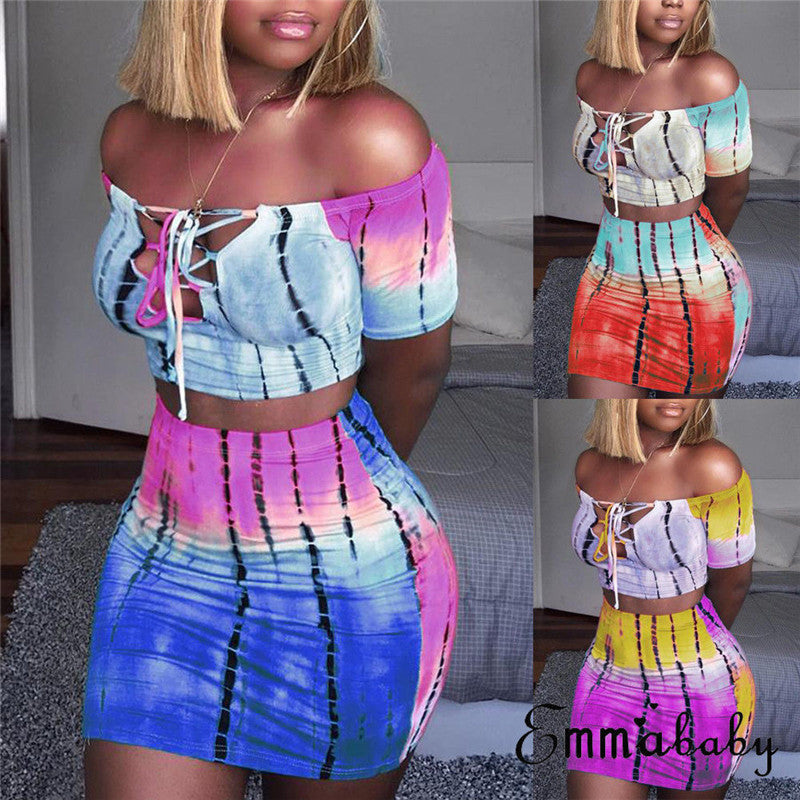 2019 Sexy Women 2 Piece Set Off Shoulder Crop Top and Skirt Bodycon Outfits Summer Slim Party Club Clothing