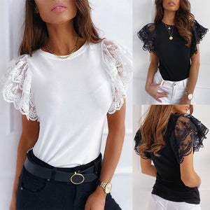 Mesh O-neck Patchwork Blouses Women 2020 Summer Office Lady Tops Woman Black White Solid Lace Petal Short Sleeve Female Blouse