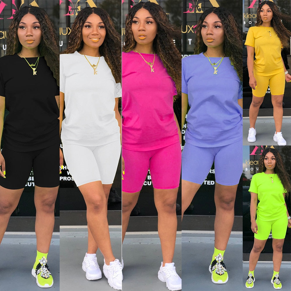 2020 Summer 2 Piece Set  Casual Short Sleeve Crop Tops+ Short Pants Women Female Joggers Sportwear Fitness Solid Color Tracksuit