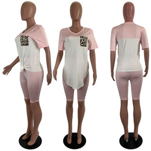 HAOYUAN Two Piece Set Summer Clothes for Women Tracksuit Leopard Pocket Top Biker Shorts Sweat Suits 2 Pcs Outfits Matching Sets
