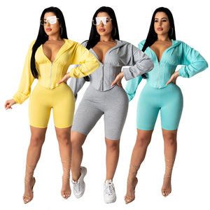 Fashion Two Piece Set Hooded Zipper Slim Crop+Short Leisure Sporting 2020 Biker Shorts Streetwear Women Tracksuit Matching Set