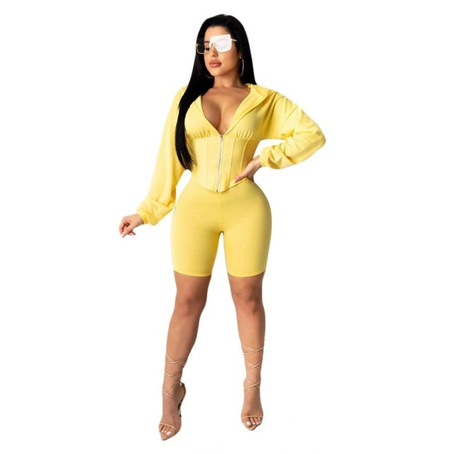 Fashion Two Piece Set Hooded Zipper Slim Crop+Short Leisure Sporting 2020 Biker Shorts Streetwear Women Tracksuit Matching Set