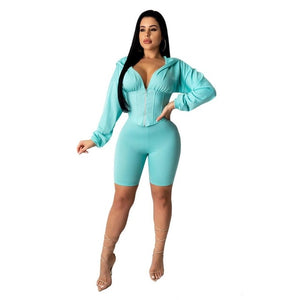 Fashion Two Piece Set Hooded Zipper Slim Crop+Short Leisure Sporting 2020 Biker Shorts Streetwear Women Tracksuit Matching Set