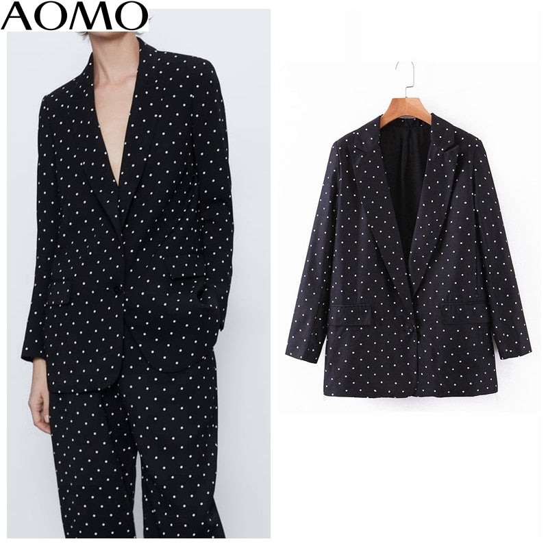 AOMO casual women vintage dots print  black blazer female long sleeve elegant jacket ladies casual blazer suits SL80A