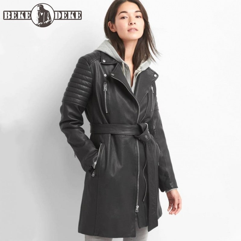 Street Brand Women 100% Real Leather Sheepskin Long Jacket Fashion 2020 Lapel Belt Biker Trench Coat Casual Black Outerwear