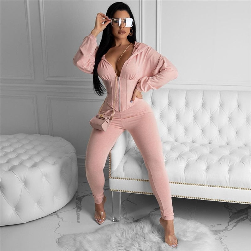 2020 Summer Tracksuit Plastic Waist Cropped Sweatshirt +Pencil Pants Casual Two Piece Set Front Zipper Long Sleeve Leisure Suit