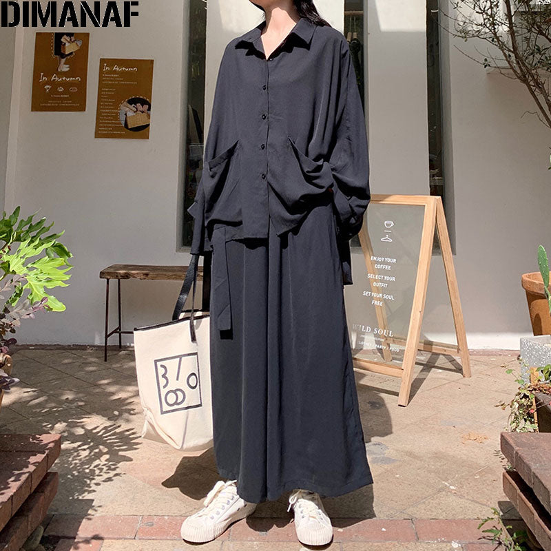 DIMANAF Plus Size Women Sets Long Sleeve Casual Female Office Lady Tops Shirts Pockets Loose Long Pants Sets Suit Solid Black