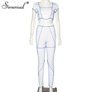 Simenual Striped Patchwork Sporty Matching Set Women Fashion Casual Workout 2 Piece Outfits Short Sleeve Crop Top And Pants Sets