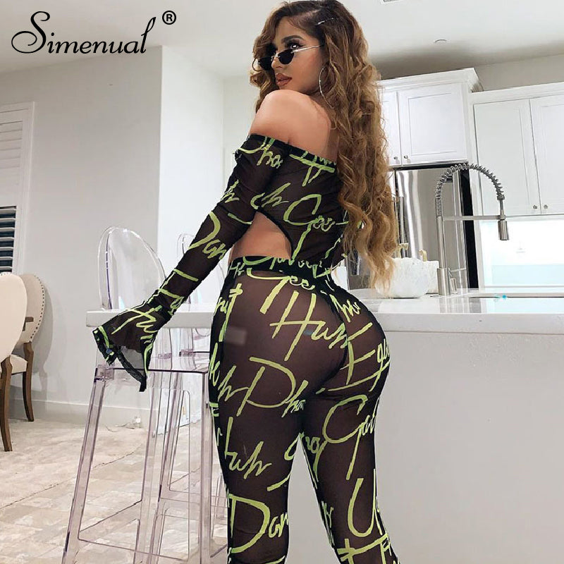 Simenual Mesh Sexy Hot Transparent Women Co-ord Set Letter Print Off Shoulder 2 Piece Outfit Long Sleeve Bodysuit And Pants Sets