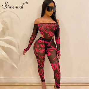 Simenual Mesh Sexy Hot Transparent Women Co-ord Set Letter Print Off Shoulder 2 Piece Outfit Long Sleeve Bodysuit And Pants Sets