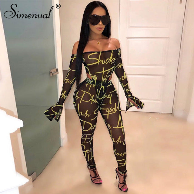 Simenual Mesh Sexy Hot Transparent Women Co-ord Set Letter Print Off Shoulder 2 Piece Outfit Long Sleeve Bodysuit And Pants Sets