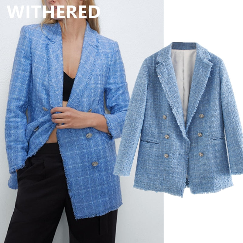 Withered ins fashion blogger office lady vintage double breasted tweed blazer women blazer mujer 2020 women blazers and jackets