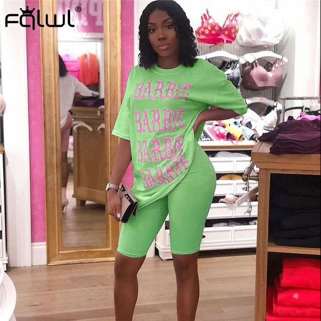 FQLWL Casual 2 Piece Set Women Suits Outfits Oversized T Shirt and Biker Shorts Set Ladies Tracksuit Female Summer Matching Sets