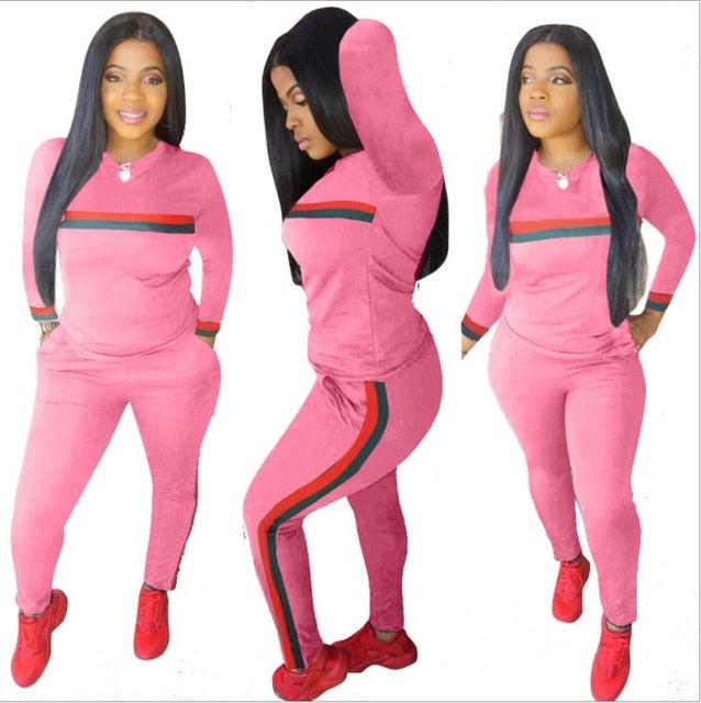 Stripe Tracksuits 2 Set Piece Set Woman Tops Sweatshirt Long Pants Pockets Club Suits Overalls Outfit