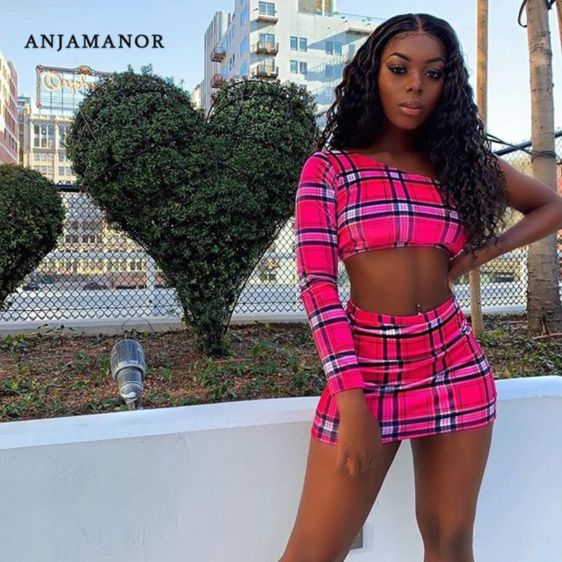 ANJAMANOR Plaid Print Sexy Two Piece Set One Shoulder Long Sleeve Crop Top Skirt Matching Sets Club Outfits Spring 2020 D0-AC72