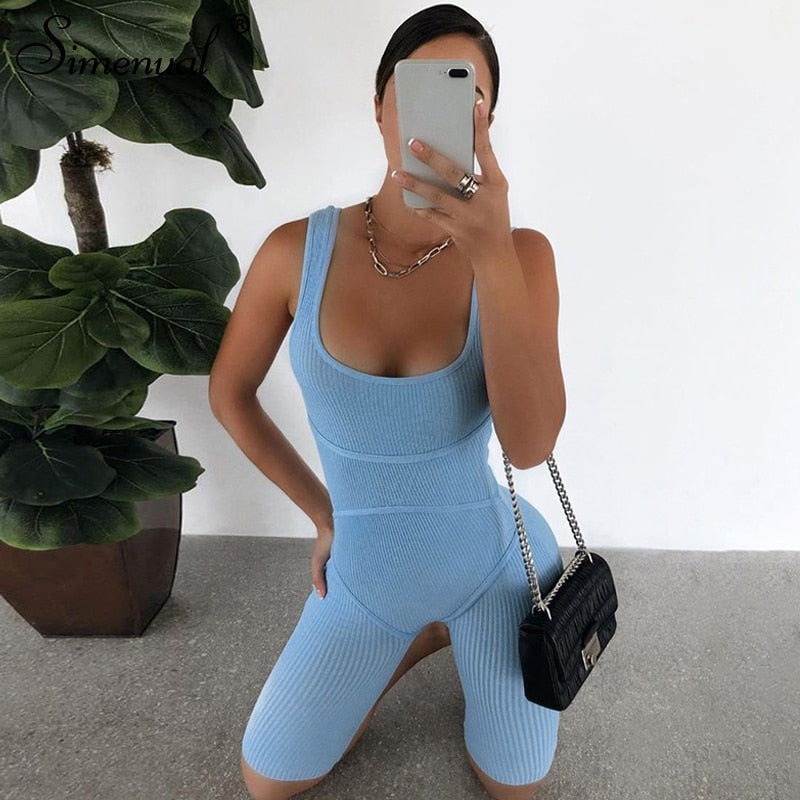 Simenual Ribbed Skinny Casual Biker Shorts Rompers Womens Jumpsuit Sleeveless Sporty Workout Bodycon Fashion Playsuits Solid Hot